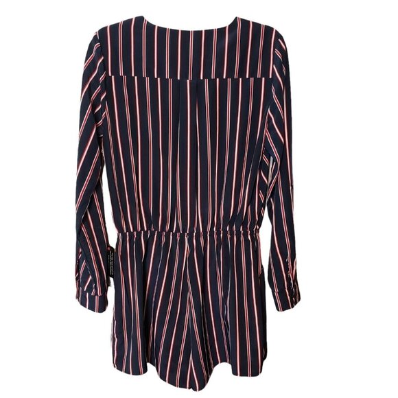 Striped Navy & Red Long-Sleeve Wrap Romper By Korye pockets Size M - Picture 2 of 12